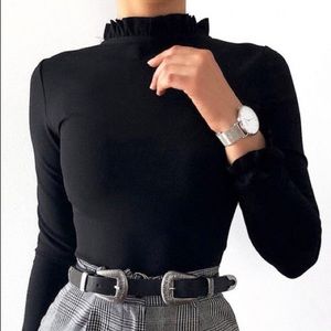 Brand New Black Ruffle Neck Bodysuit